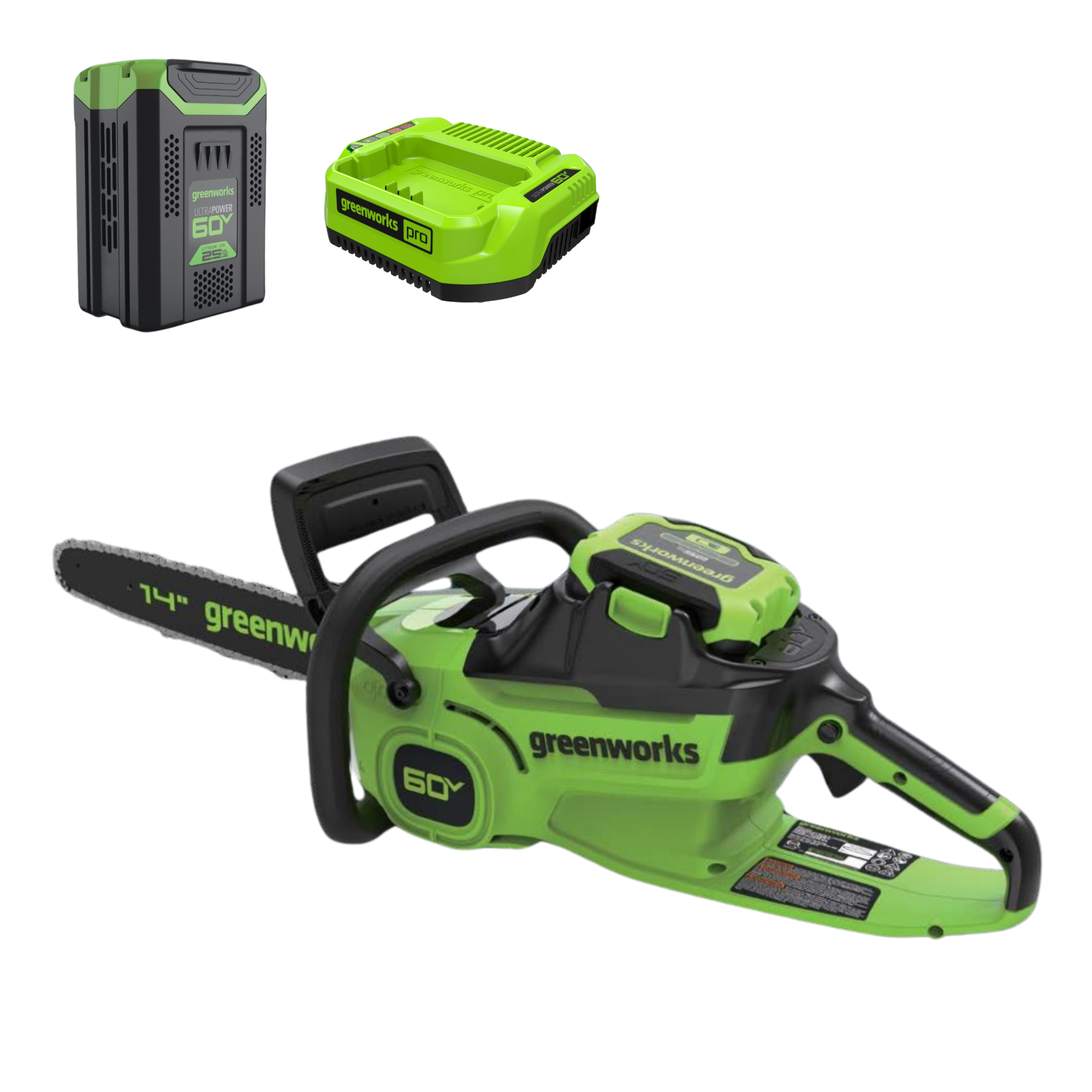 60V 14" Cordless Battery 1.2kW Chainsaw: 2.5 Ah Battery and 3A Charger MegaBDM
