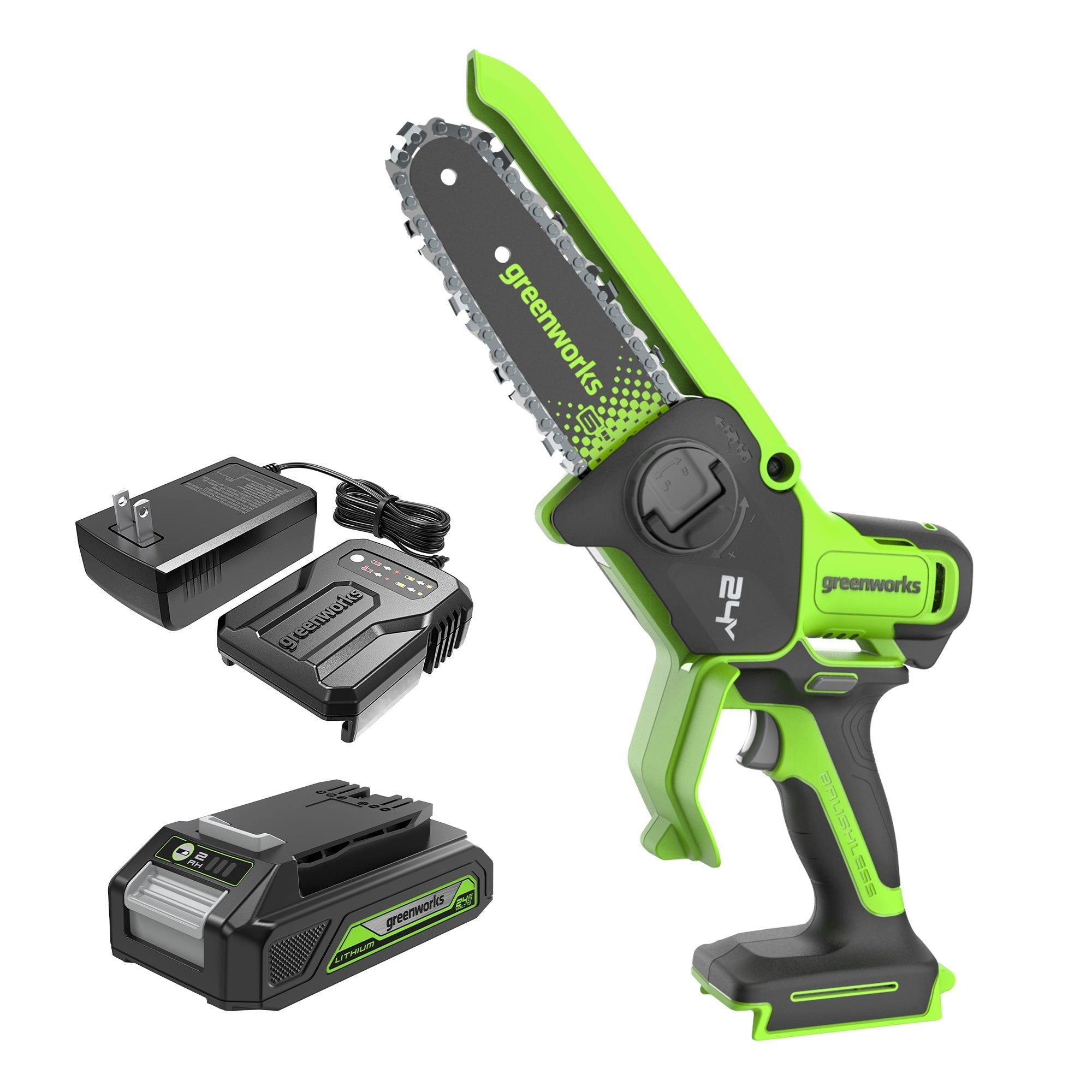24V 6" Gen 2 Cordless Battery Brushless Pruner Saw: 2.0 Ah Battery and 2A Charger MegaBDM