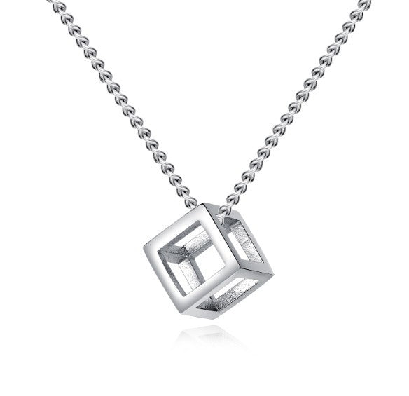 Women's & Men's Retro Simple Hollow Personality Square Cube Necklaces - Silver Free Chain MegaBDM