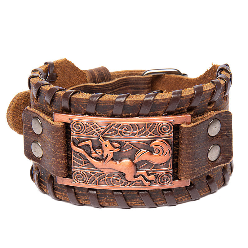 Men's Punk Retro Distressed Effect Fox Cattle Bracelet - Brown MegaBDM
