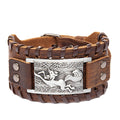 Men's Punk Retro Distressed Effect Fox Cattle Bracelet - Brown Leather Antique Silver MegaBDM