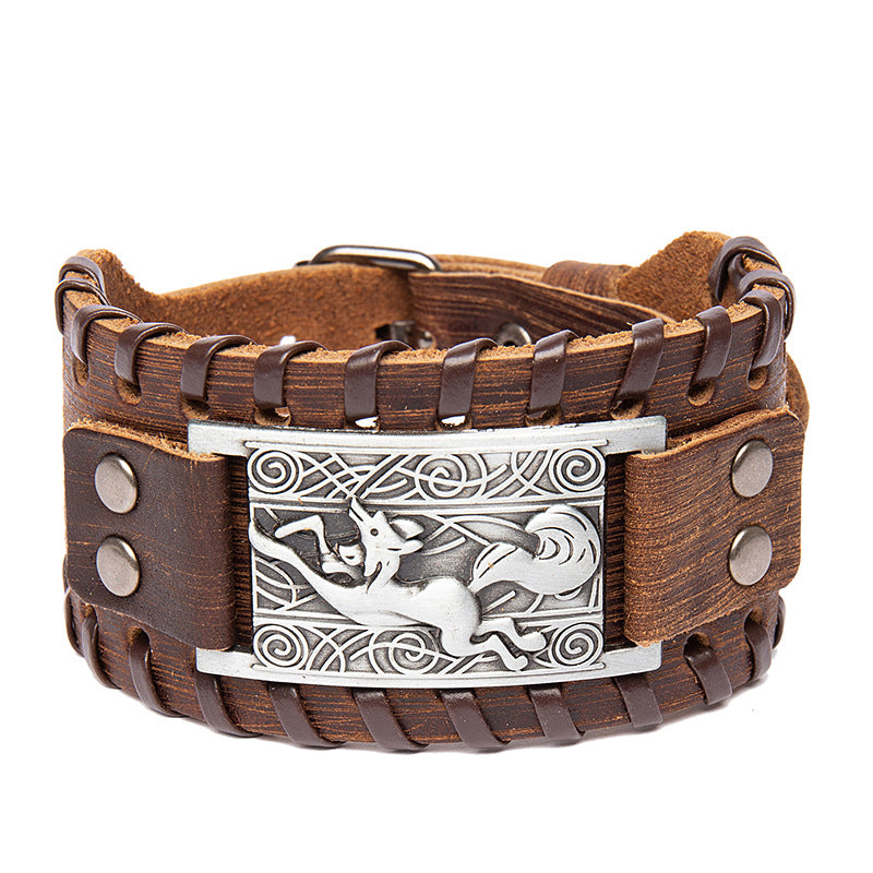 Men's Punk Retro Distressed Effect Fox Cattle Bracelet - Brown Leather Antique Silver MegaBDM