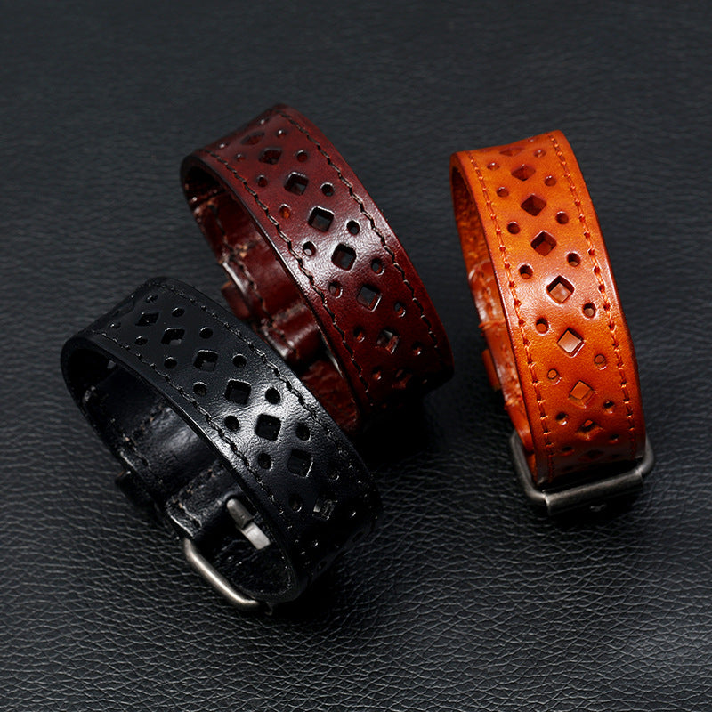 Men's Cattle Leather Retro Hollow Width Personality Bracelets MegaBDM