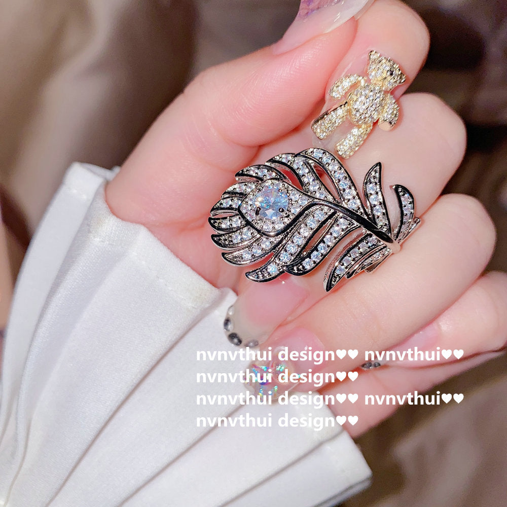 Bright Star Design White Gold Plated Zircon Starry Open Rings - Luxury Heavy Industry Feather Open-End Zircon Ring Pieces / One Size MegaBDM