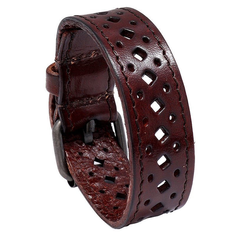 Men's Cattle Leather Retro Hollow Width Personality Bracelets - Dark Brown MegaBDM