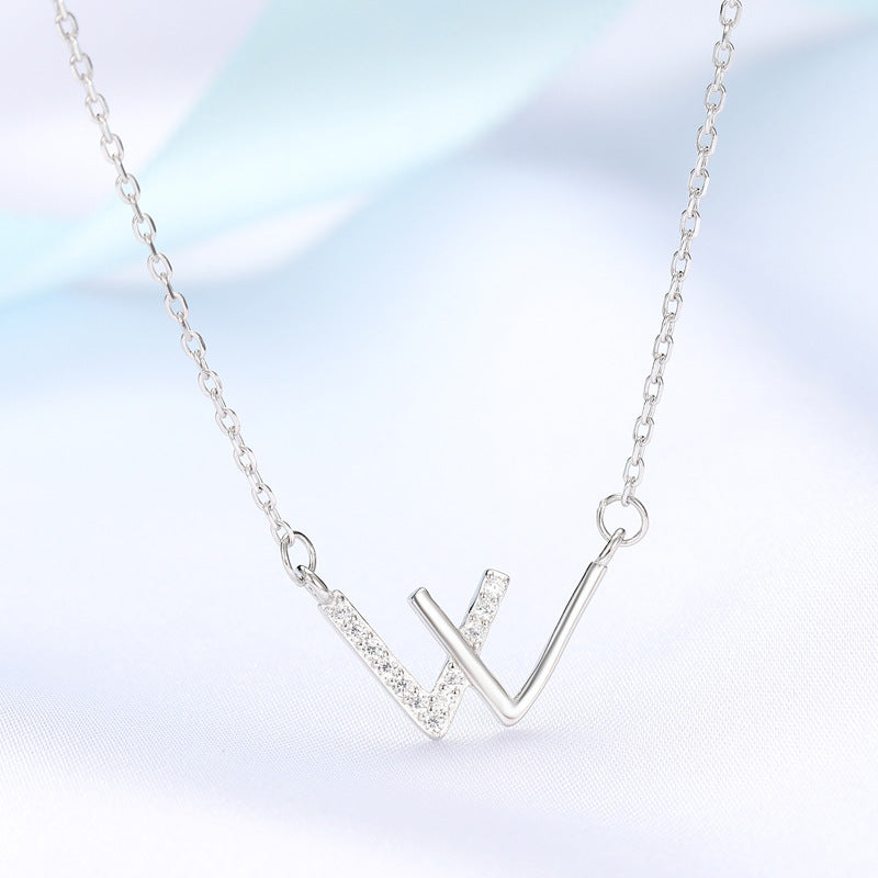 V-shaped Female Simple Design English Letter Necklaces - Platinum Double V Necklace / 925 Silver Necklace MegaBDM