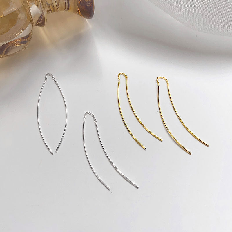 Folding Long Suitable For Round Faces Ear Line - Double-Headed Silver String Hanging Earrings-Silver / 925 Silver MegaBDM