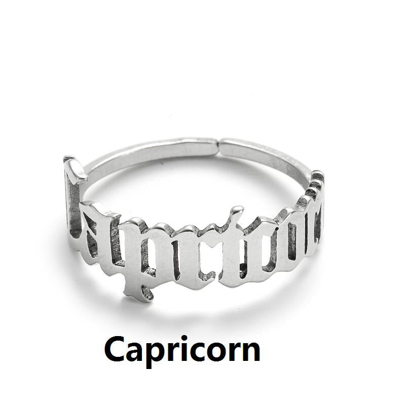 Female Retro Opening Simple English Letters Ring - Capricorn Steel / Adjustable Opening MegaBDM