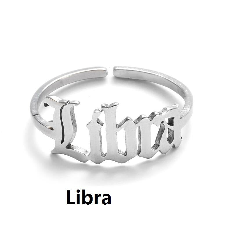 Female Retro Opening Simple English Letters Ring - Libra Steel Color / Adjustable Opening MegaBDM