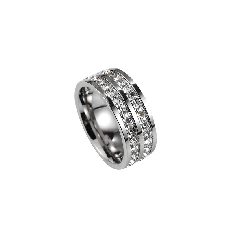 Women's & Men's Double Row Diamond Stainless Steel Personality Small Square Full Ring - Silver Double Row Diamond / No. 10 MegaBDM