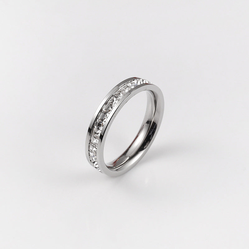 Women's & Men's Double Row Diamond Stainless Steel Personality Small Square Full Ring - Silver Single Row Diamond / No. 7 MegaBDM