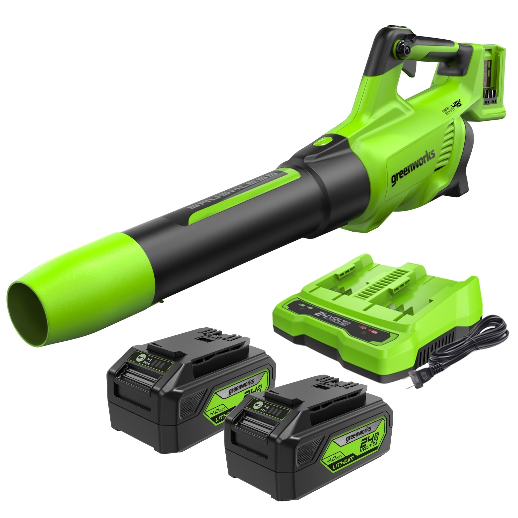 48V (24V x 2) 585 CFM Cordless Battery Leaf Blower w/ (2) 4.0 Ah USB Batteries & Dual Port Charger MegaBDM