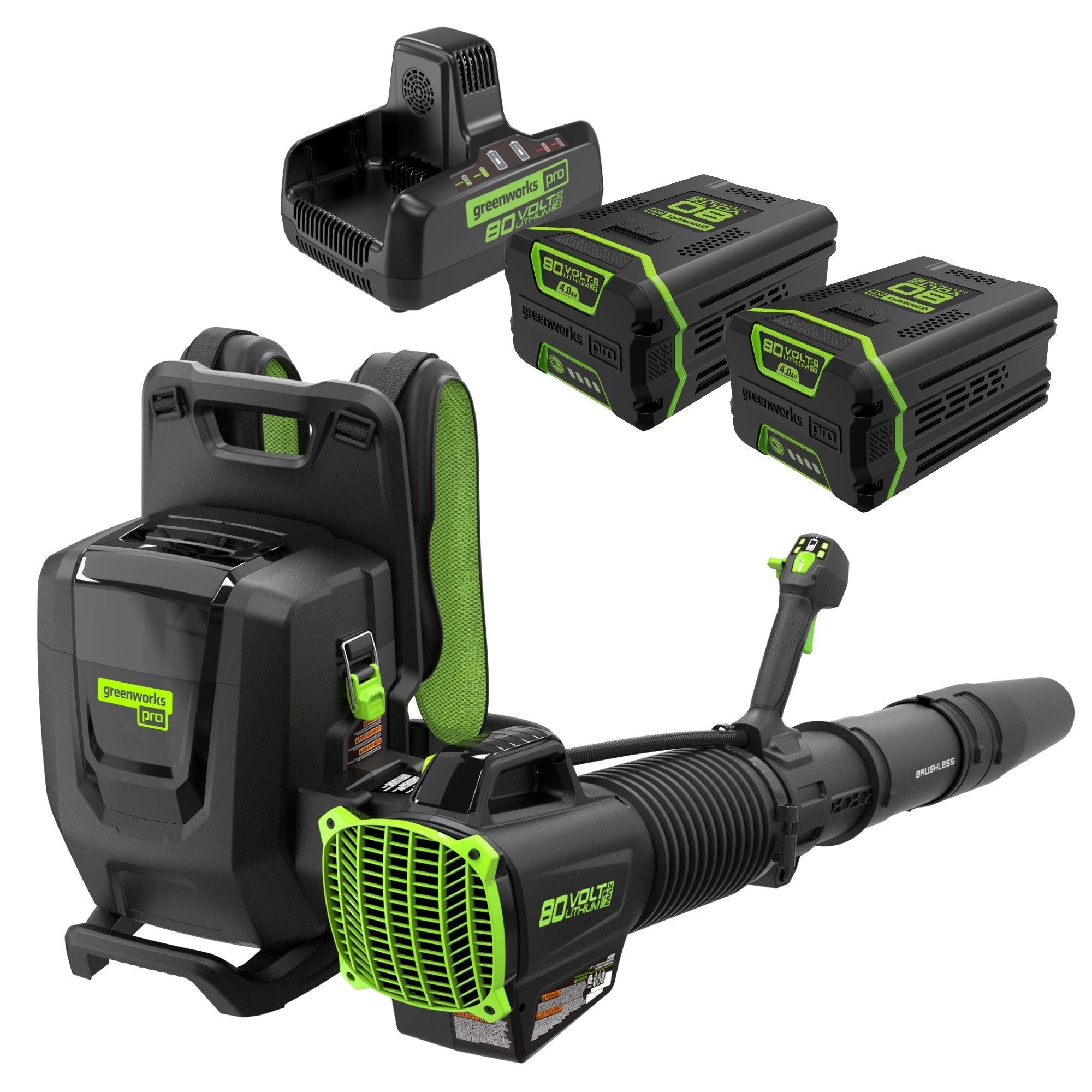 80V 690 CFM Cordless Battery Dual-Port Backpack Blower: (2) 4.0 Ah Batteries and Dual-Port Rapid Charger MegaBDM