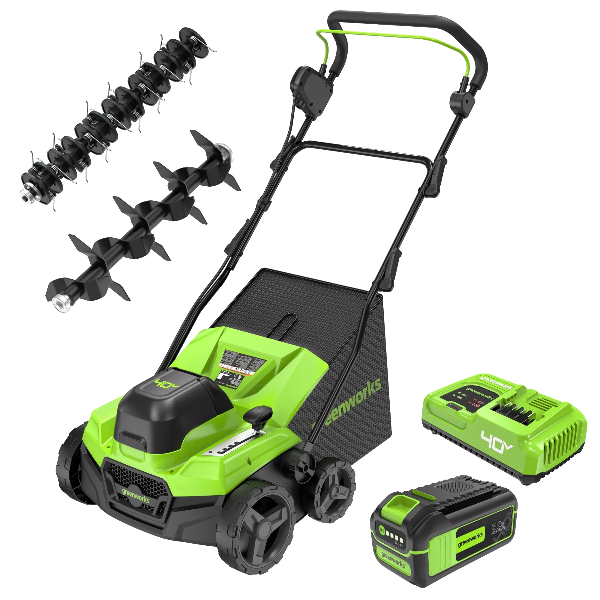 40V 15" Cordless Battery Brushless Dethatcher/Scarifier: 5.0 Ah USB Battery and Rapid Charger MegaBDM