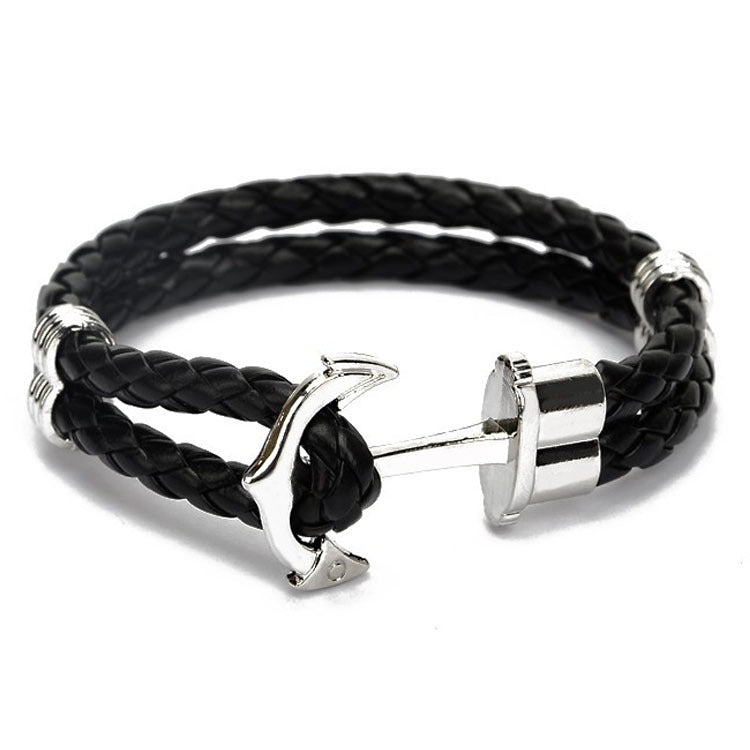 Men's Creative Fashion Boat Anchor Leather Cord Couple Bracelets - Black MegaBDM