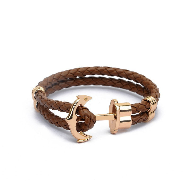 Men's Creative Fashion Boat Anchor Leather Cord Couple Bracelets - Red Coffee Gold Plated Buckle MegaBDM