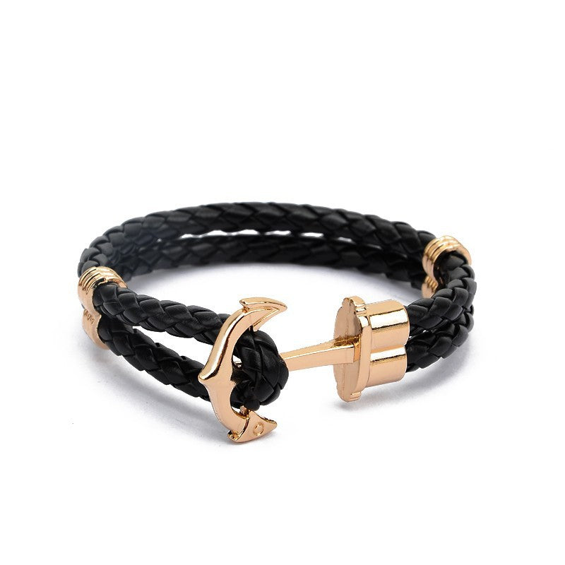 Men's Creative Fashion Boat Anchor Leather Cord Couple Bracelets - Black Gold Plated Buckle MegaBDM