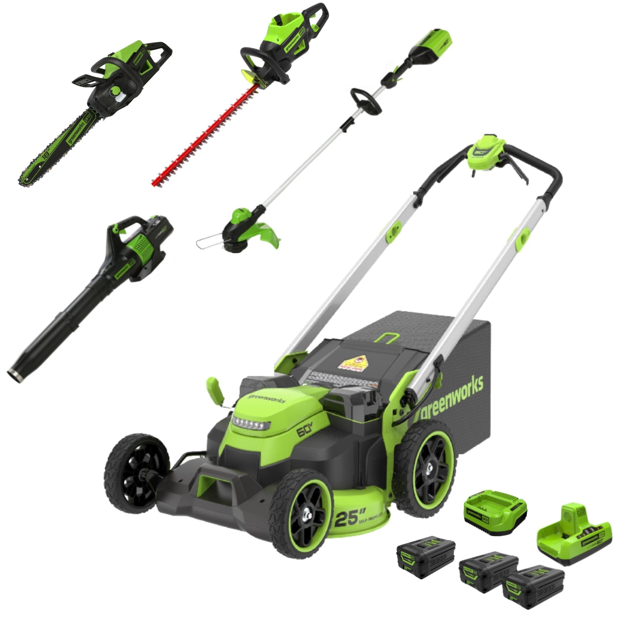 60V 25" Dual Blade Self-Propelled Mower 5-pc Combo Kit, (3) 4.0 Ah Batteries, (1) Single Port Chargers and (1) Dual-Port Charger MegaBDM