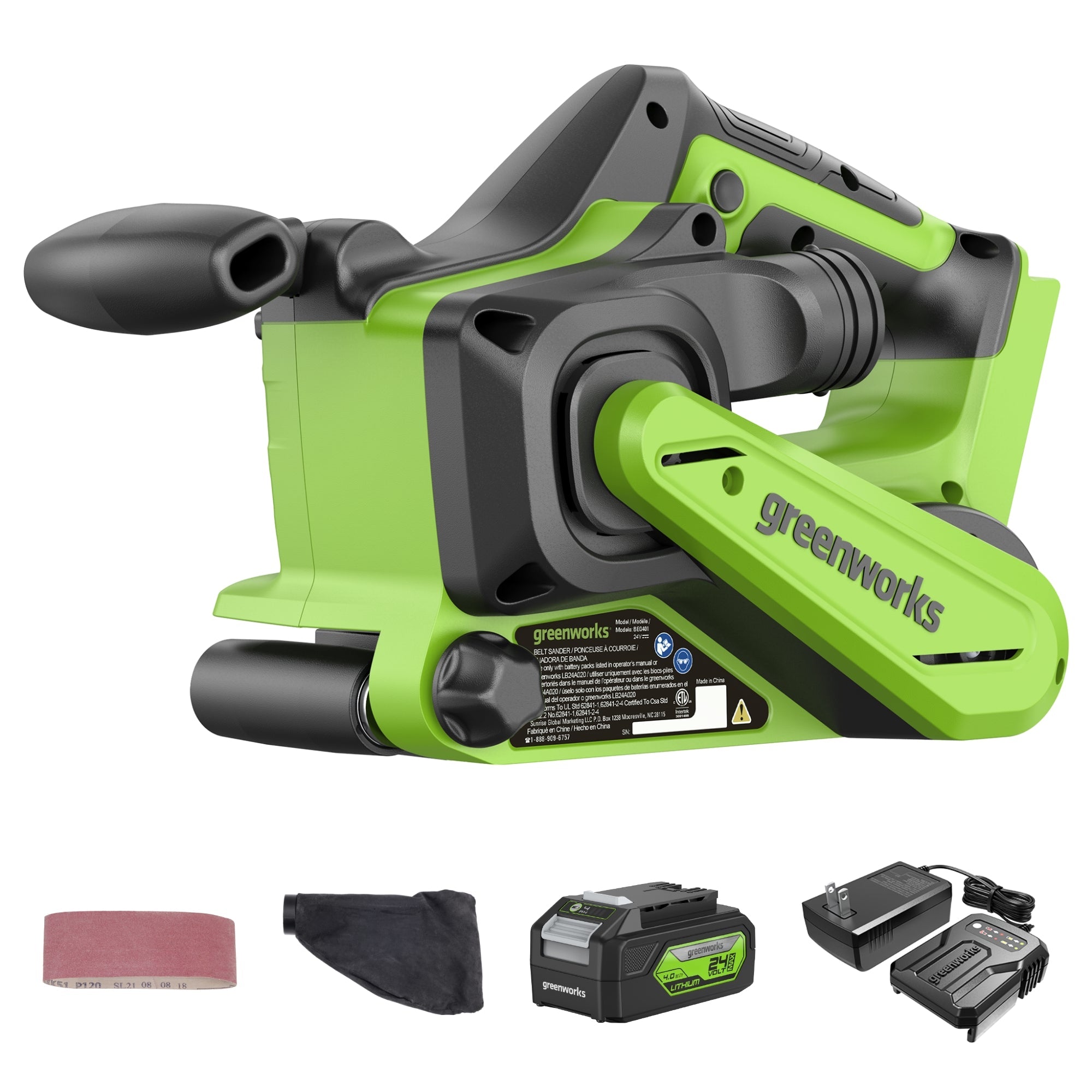 24V 3in x 18in Brushless Cordless Belt Sander and Dust Bag: 4.0 Ah Battery and Charger MegaBDM