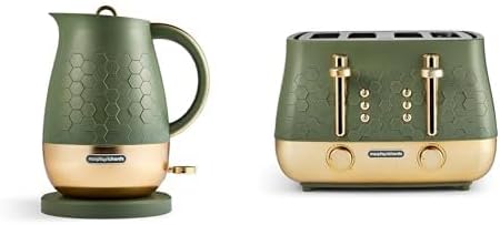 Morphy Richards Cassini Kettle and Toaster Bundle, 1.7L,3Kw Rapid Boil, Precision Pour Spout Kettle & 4 Slice Variable Browning and Width Slots Toaster, Matching Set, Olivine Green, 103022 | 243022 MegaBDM