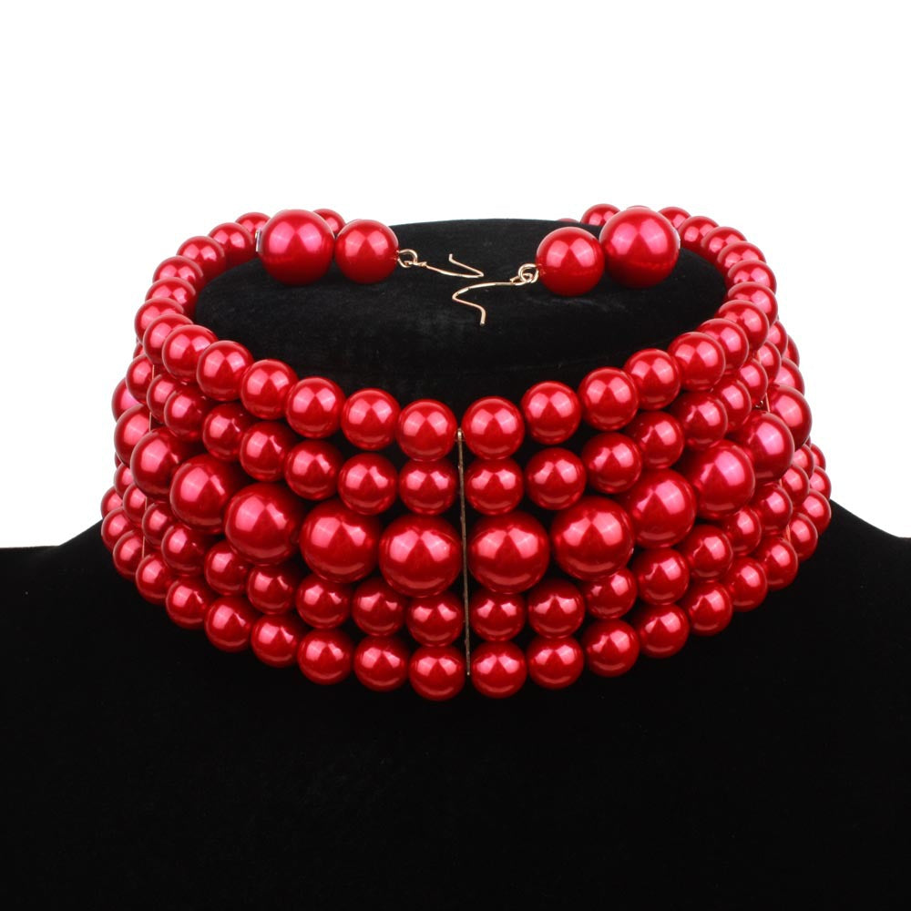 Women's Pearl Short Set Of Ornaments Necklaces - Red MegaBDM