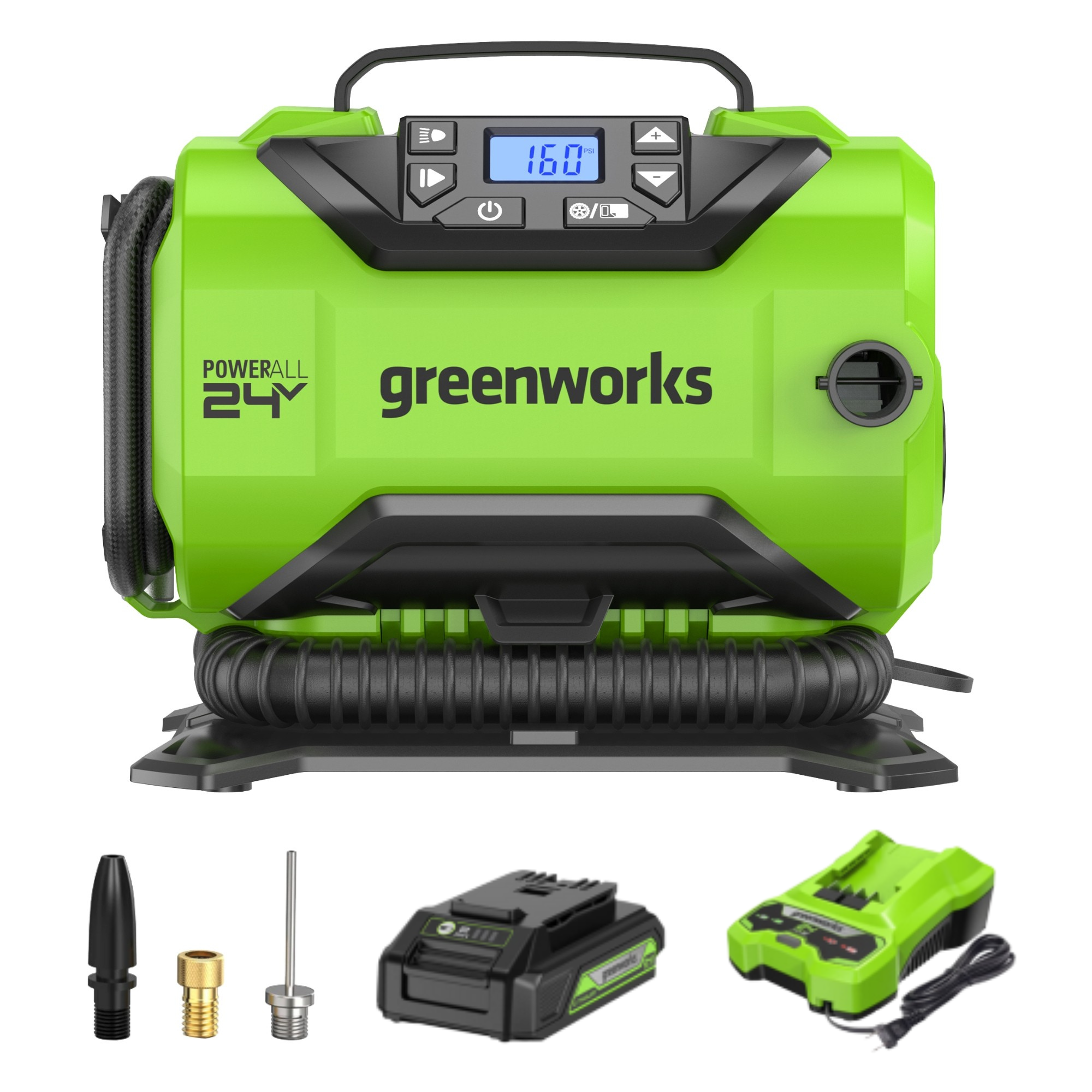 24V Cordless Battery Inflator, (1) 2Ah USB Battery and Charger MegaBDM