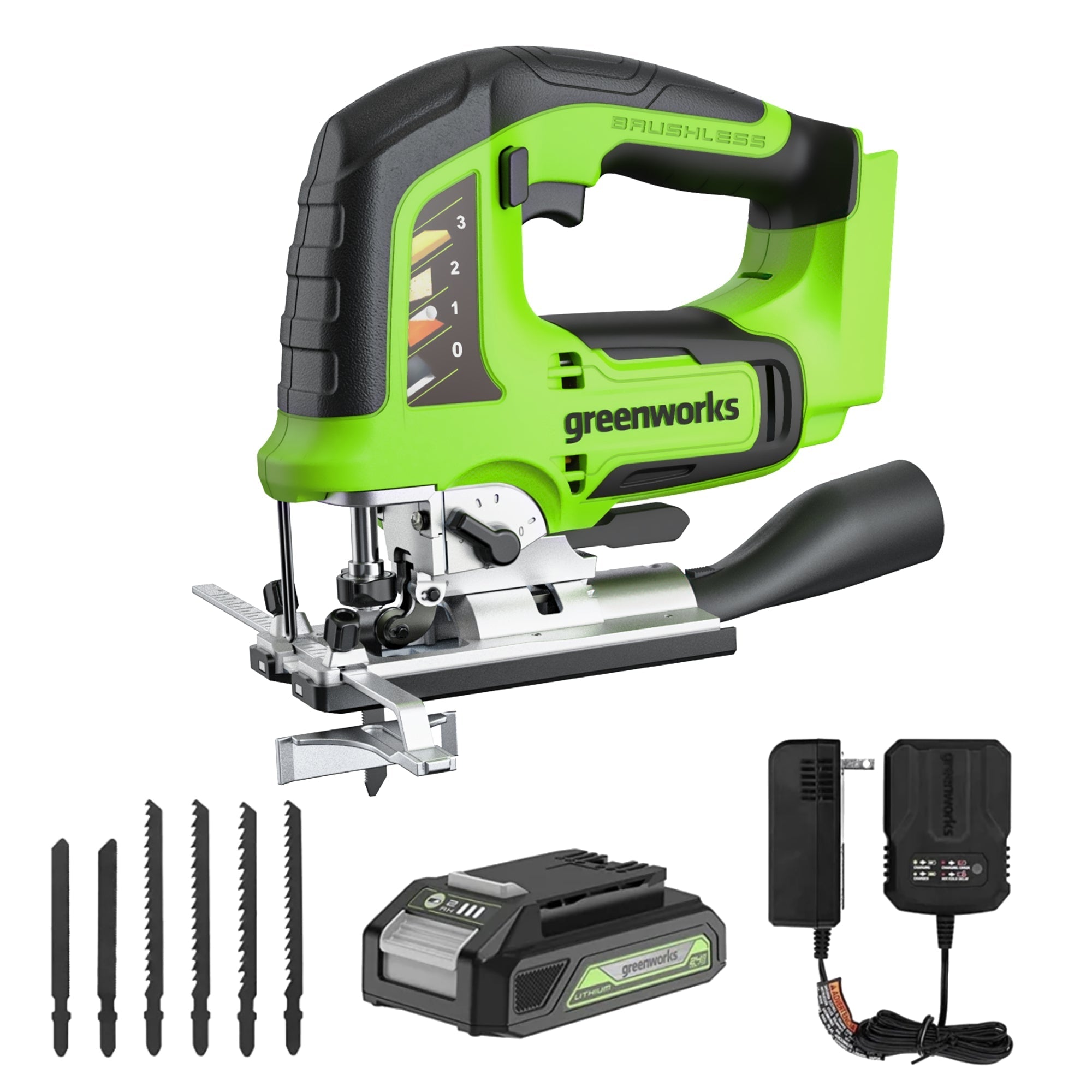 24V Cordless Battery Brushless Jig Saw: 2.0 Ah Battery and Charger MegaBDM