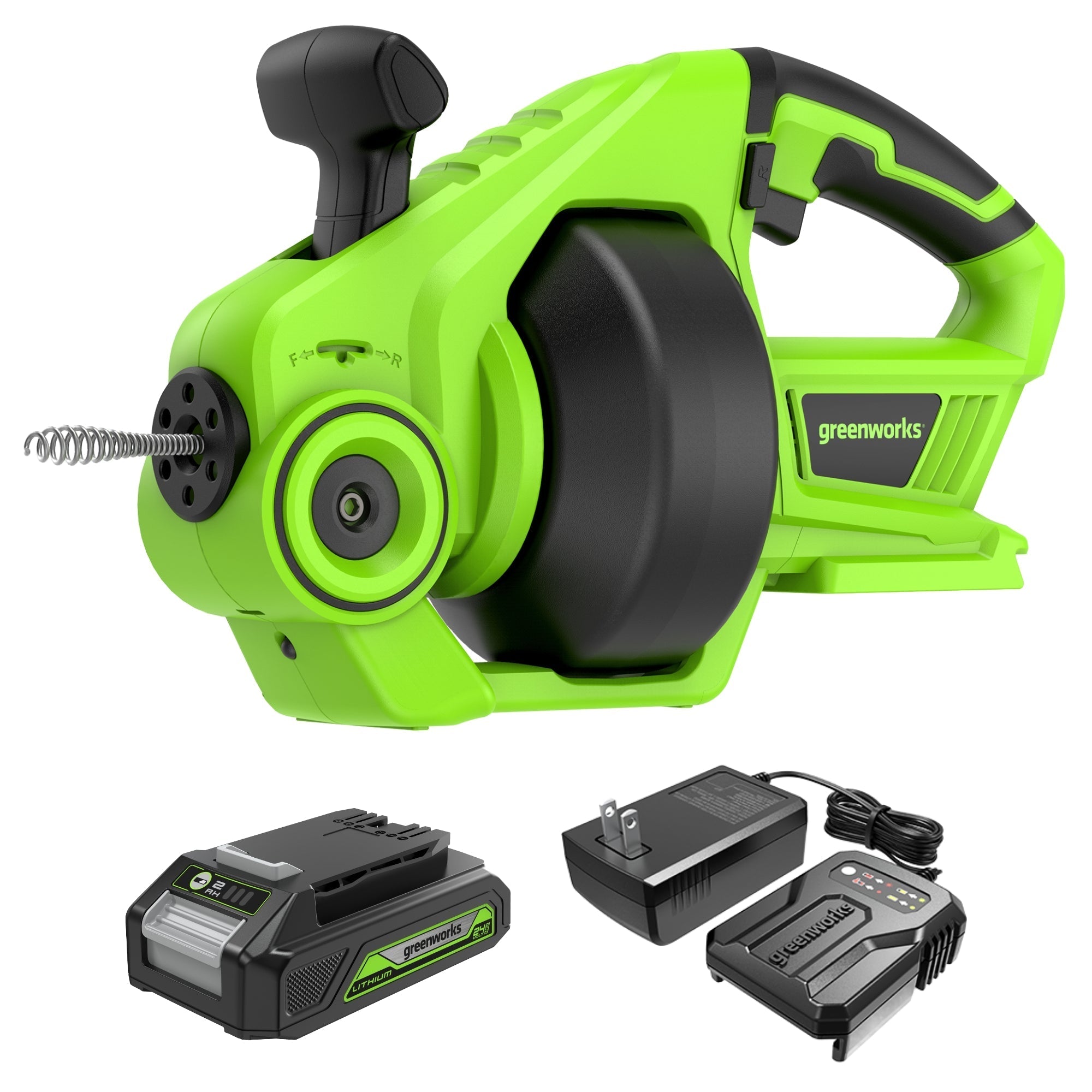 24V 23-FT Cordless Battery Drain Auger, (1) 2Ah Battery and Charger MegaBDM