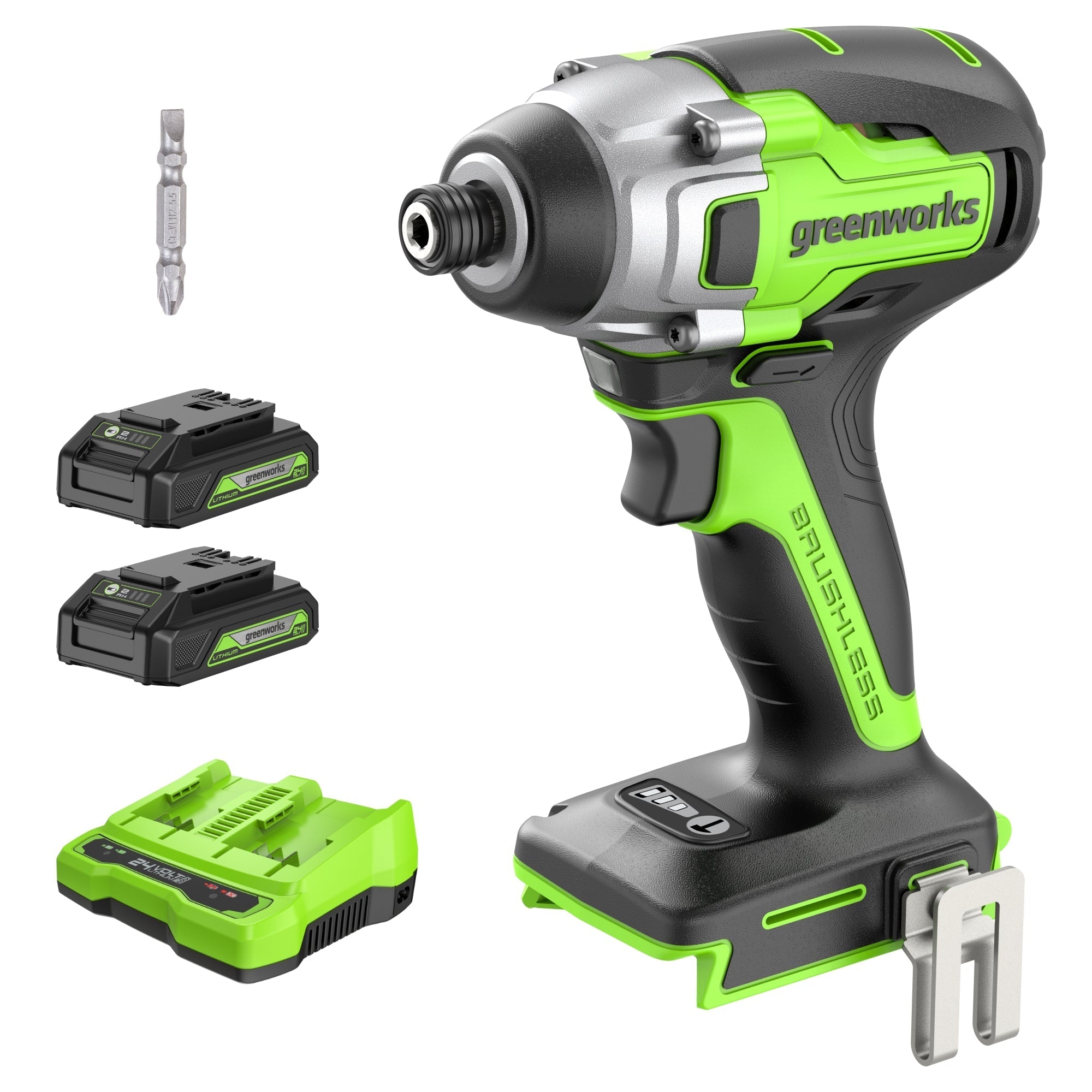 24V 1/4" 2650 in/lbs Brushless Impact Driver Kit: (2) 2.0 Ah USB Batteries, Dual-Port Charger and Bits MegaBDM