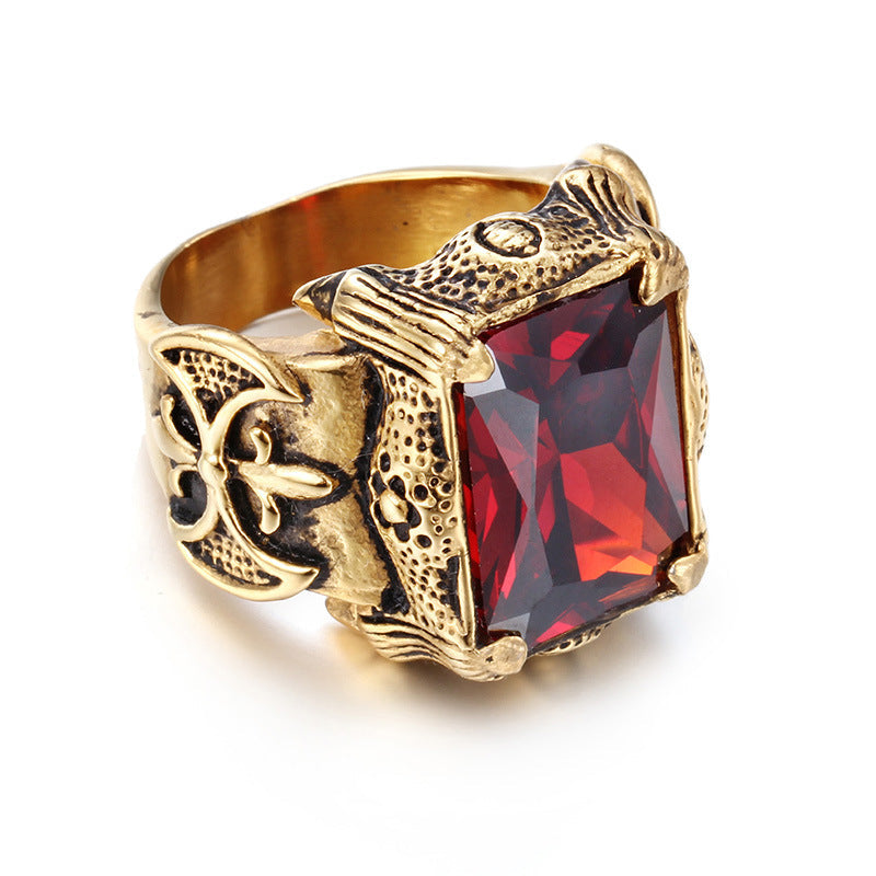 Men's Stainless Steel Hand Retro Punk Brother Ruby Titanium Rings - Golden Red / No. 11 MegaBDM