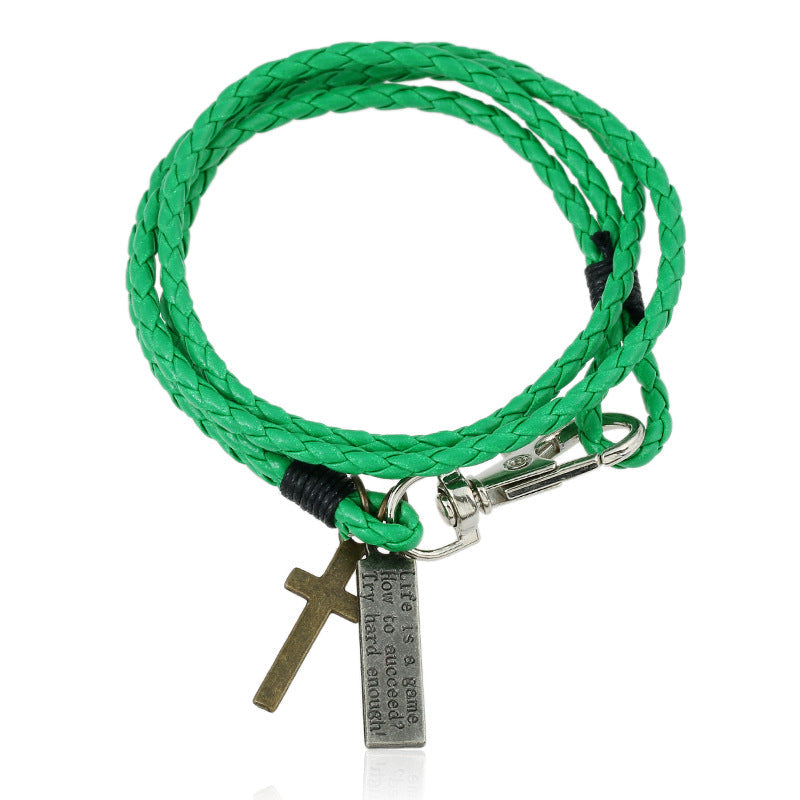 Woven Leather Simple Double Imitation Punk Bracelet - Light Green MegaBDM