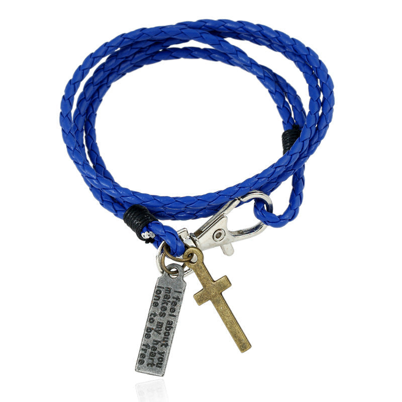Woven Leather Simple Double Imitation Punk Bracelet - Sapphire Blue MegaBDM