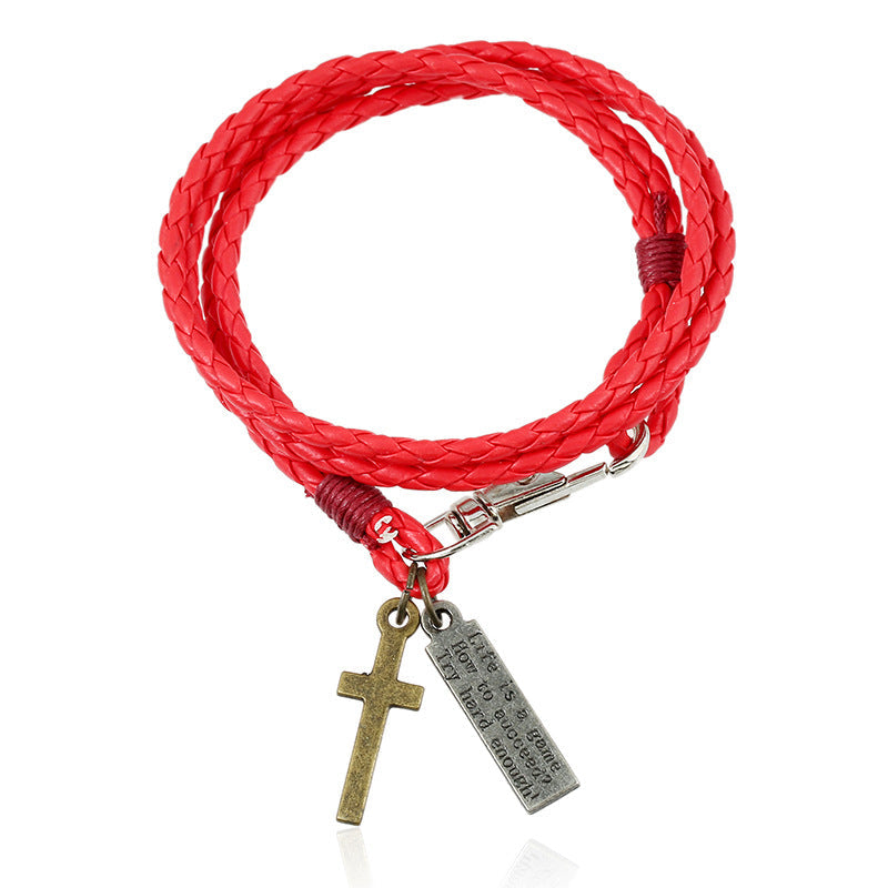 Woven Leather Simple Double Imitation Punk Bracelet - Bright Red MegaBDM
