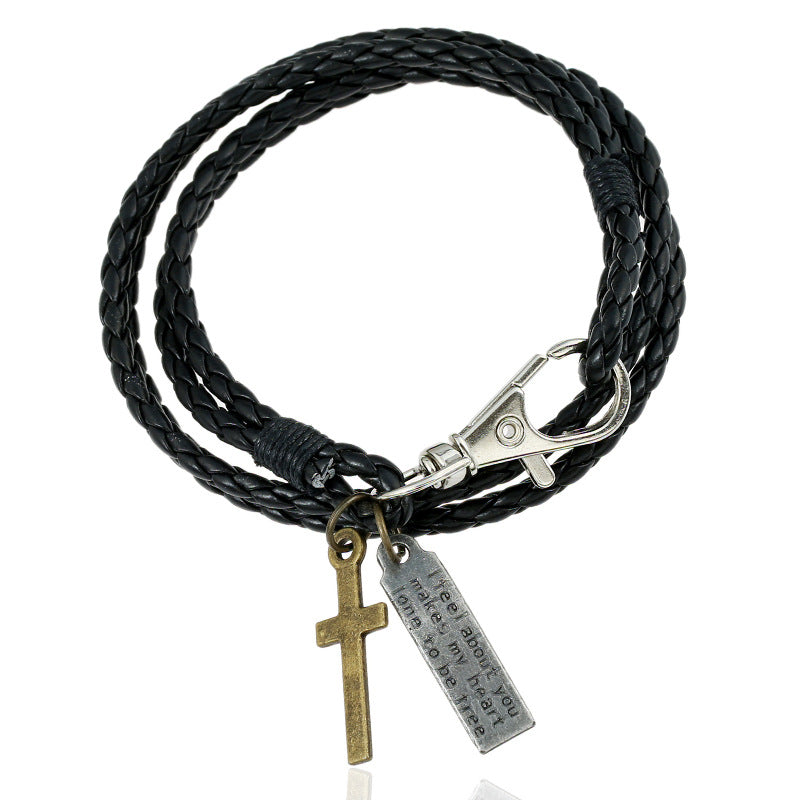 Woven Leather Simple Double Imitation Punk Bracelet - Black MegaBDM