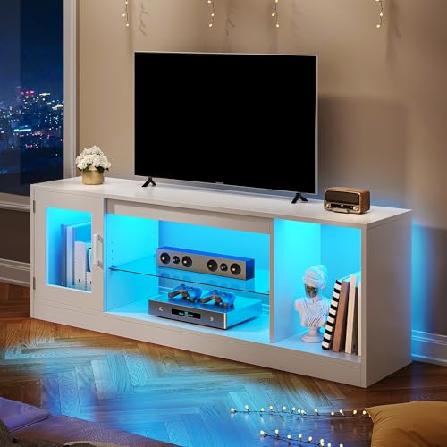 YITAHOME TV Cabinet Stand Unit 148CM TV Table Modern Style for TVs up to 65 Inch TV Flat Screen with Open Adjustable Glass Storage Shelves for Living Room, Gaming Entertainment Room, Hallway, Bedroom MegaBDM