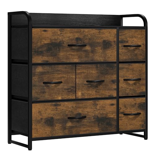 YITAHOME Chest of Drawer with 7 Drawers for Bedroom Fabric Dresser Storage Drawers With Handles Metal Frame for Living Room, Hallway,Rustic Brown MegaBDM