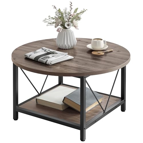 YITAHOME Round Coffee Table for Living Room,80x80x46cm Retro Central Table with Storage Shelf, Industrial Modern Coffee Table with Sturdy Metal Legs Simple Center Table for Home Office MegaBDM