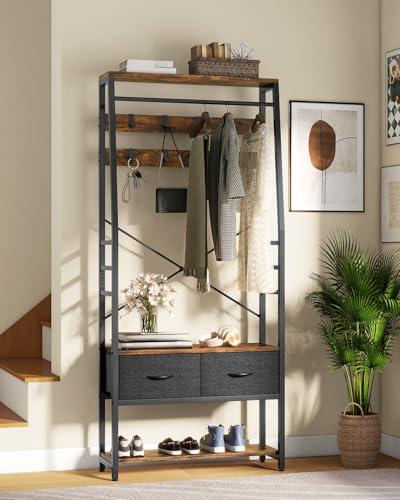 YITAHOME Coat Rack Stand with Shoe Storage, Floorstanding Hall Tree with Bench & 2 Foldable Drawers, Industrial Coat Stands with 8 Hooks for Hallway Living Room Bedroom, Metal Frame, Rustic Brown MegaBDM