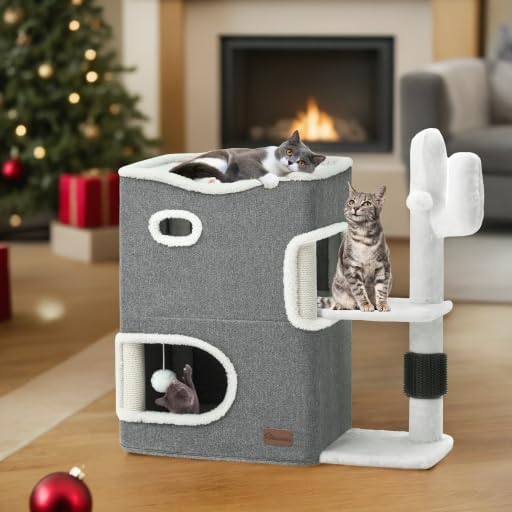 YITAHOME 2-Tier Cat House, Indoor Cat Cave Bed Playhouse, Cat Tunnels with Scratch Pad and Hideaway Cube, Cute Modern Cat Condo Furniture for Multi Small Cats, Cactus (Grey) MegaBDM