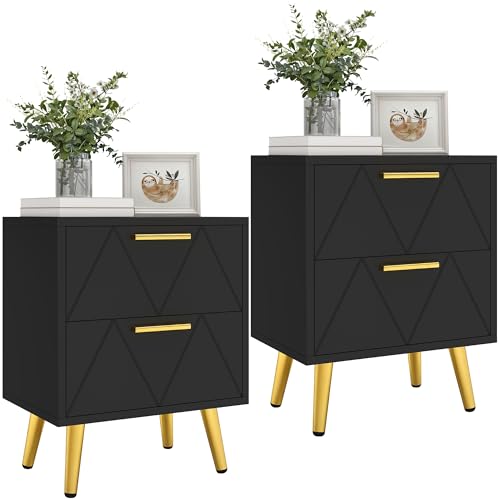 YITAHOME 2-Drawer Bedside Table Set of 2, Small Bedside Storage Cabinet with Storage, Nightstand End Table for Living Room Bedroom Office, Black & Gold, 40x30x52cm, Black & Gold MegaBDM