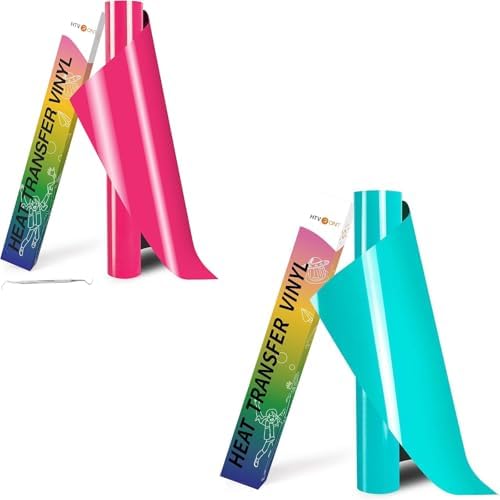 HTVRONT Heat Transfer Vinyl - 12in x8ft(30.5x244CM) PU HTV Vinyl Roll Iron on Vinyl Easy to Cut & Weed for T-Shirt & Design（Fluorescent Pink & Turquoise） MegaBDM