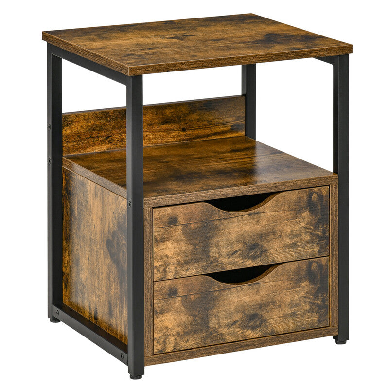 HOMCOM Bedside Table Industrial 2 Drawers Rustic Brown/Black MegaBDM