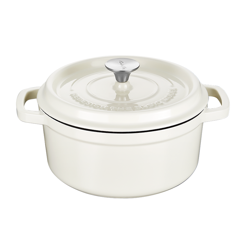 COOKER KING Chuanjia Cast Iron Enamel Casserole Dutch Oven Heavy Duty Even Heating Long Heat Retention Cookware Almond White 24cm MegaBDM