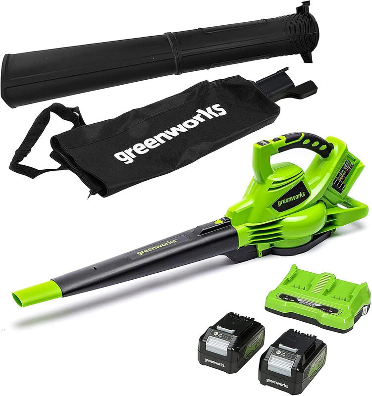 greenworks 48V (24V x 2) Cordless Leaf Blower and Vacuum with 45L Mulching Bag & Shoulder Strap, 322km/h, 9m³/Min, Two 24V 4Ah Batteries & Double Charger, 3 Year Guarantee GD24X2BVK4X MegaBDM