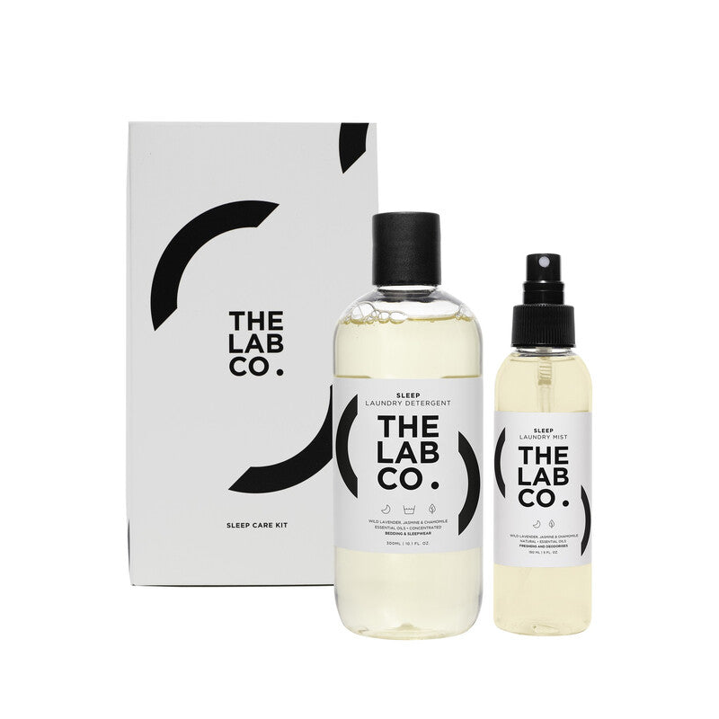 The Lab Co. Sleep Care Kit. Non-Bio Laundry Detergent Wash 300ml and Fabric Deodoriser Freshener Mist Spray 150ml for Bedding, Sleepwear and Pillows. Lavender & Chamomile. MegaBDM