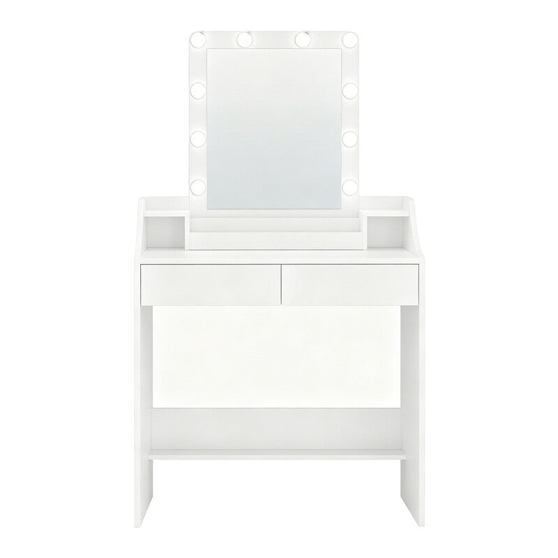 HaluPeit Dressing Table with Bulb Lights, Adjustable Brightness and Color, Vanity Table with Mirror, Vanity Desk with 2 Drawers and 2 Open Compartments, Modern, 80 cm Desktop, White MegaBDM