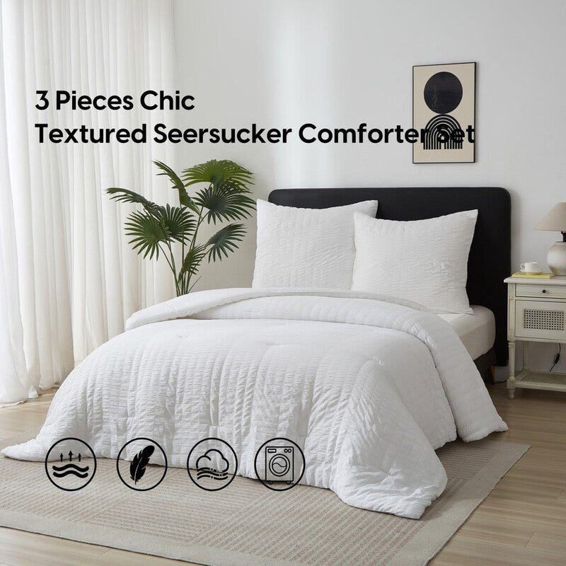 Meeallhome Comforter Set Seersucker Textured Bedding Set 220*200cm/50*75cm*2 White MegaBDM
