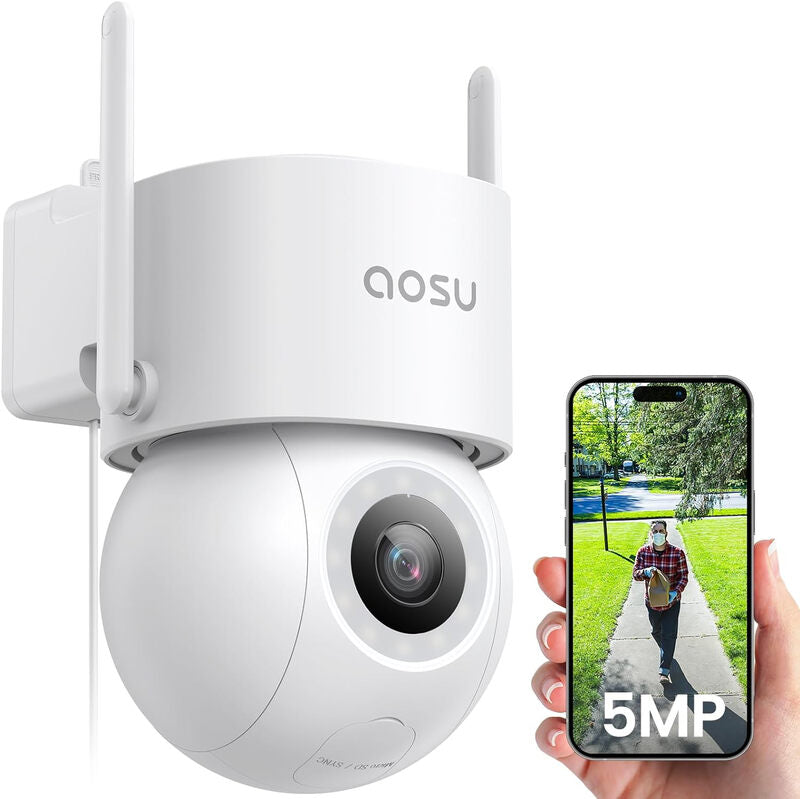 aosu 3K 5MP Security Camera Outdoor Wifi Wired with 400Lm LED Spotlight Full Color Night Vision, 360°PTZ CCTV Camera, Surveillance Cameras 24/7 Recording, Vehicle Security and Protection, Spot Cruise MegaBDM