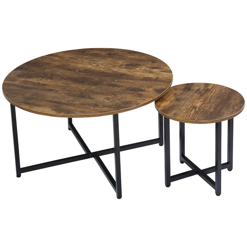 HOMCOM Coffee & Side Table Set Industrial Round Rustic Brown/Black MegaBDM