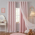 PONY DANCE Pink Curtains for Living Room, Thermal Insulated Room Darkening Curtains with Pom Pom Sheer, Double Layer Curtain for Girls' Bedroom, W140xL245cm, Blush Pink, 2 Panels MegaBDM